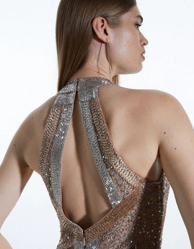Crystal Embellished Halter Midi Dress