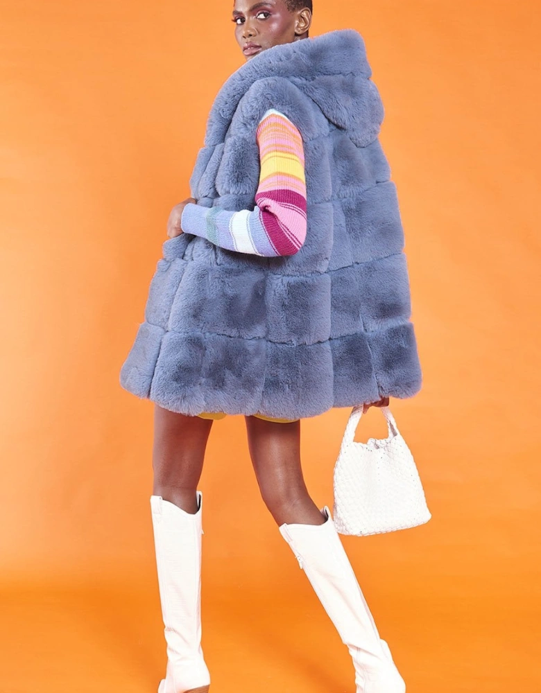 Blue Faux Fur Long Hooded Gilet