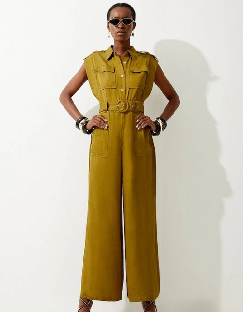 Tall Premium Linen Topstitch Belted Jumpsuit