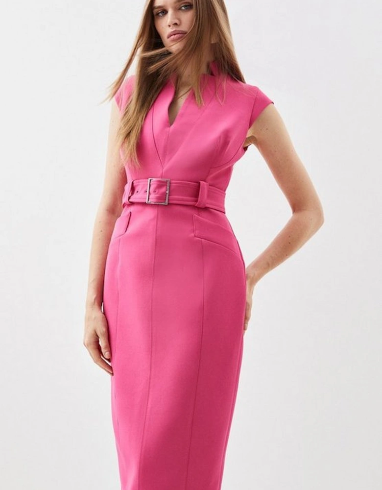 Compact Stretch Tailored Forever Belted Cap Sleeve Pencil Dress