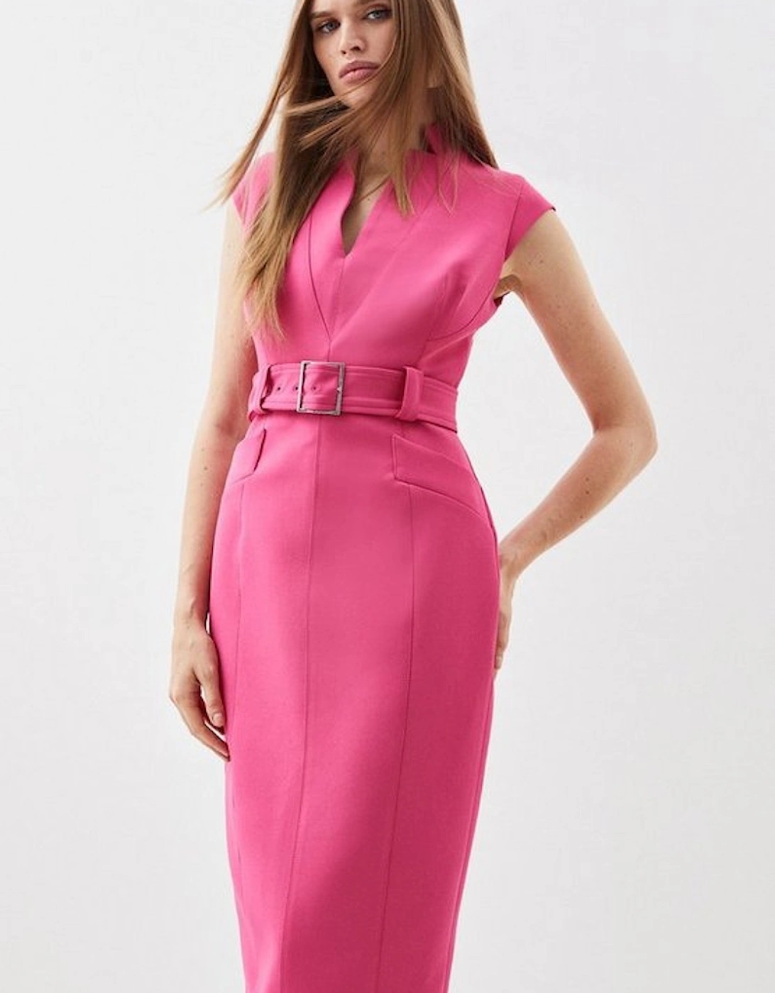 Compact Stretch Tailored Forever Belted Cap Sleeve Pencil Dress, 4 of 3