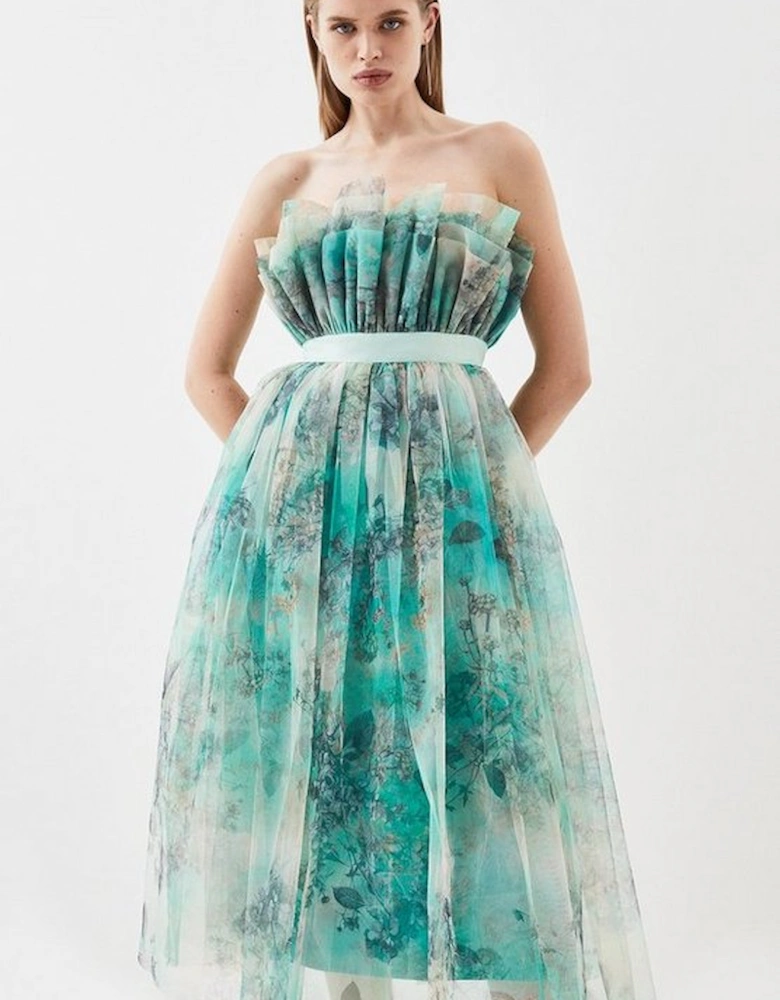 Floral Corseted Tulle Midi Dress