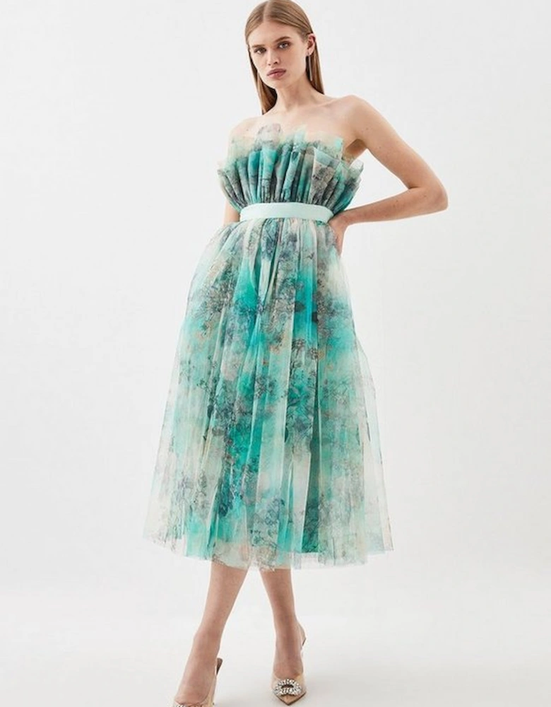 Floral Corseted Tulle Midi Dress