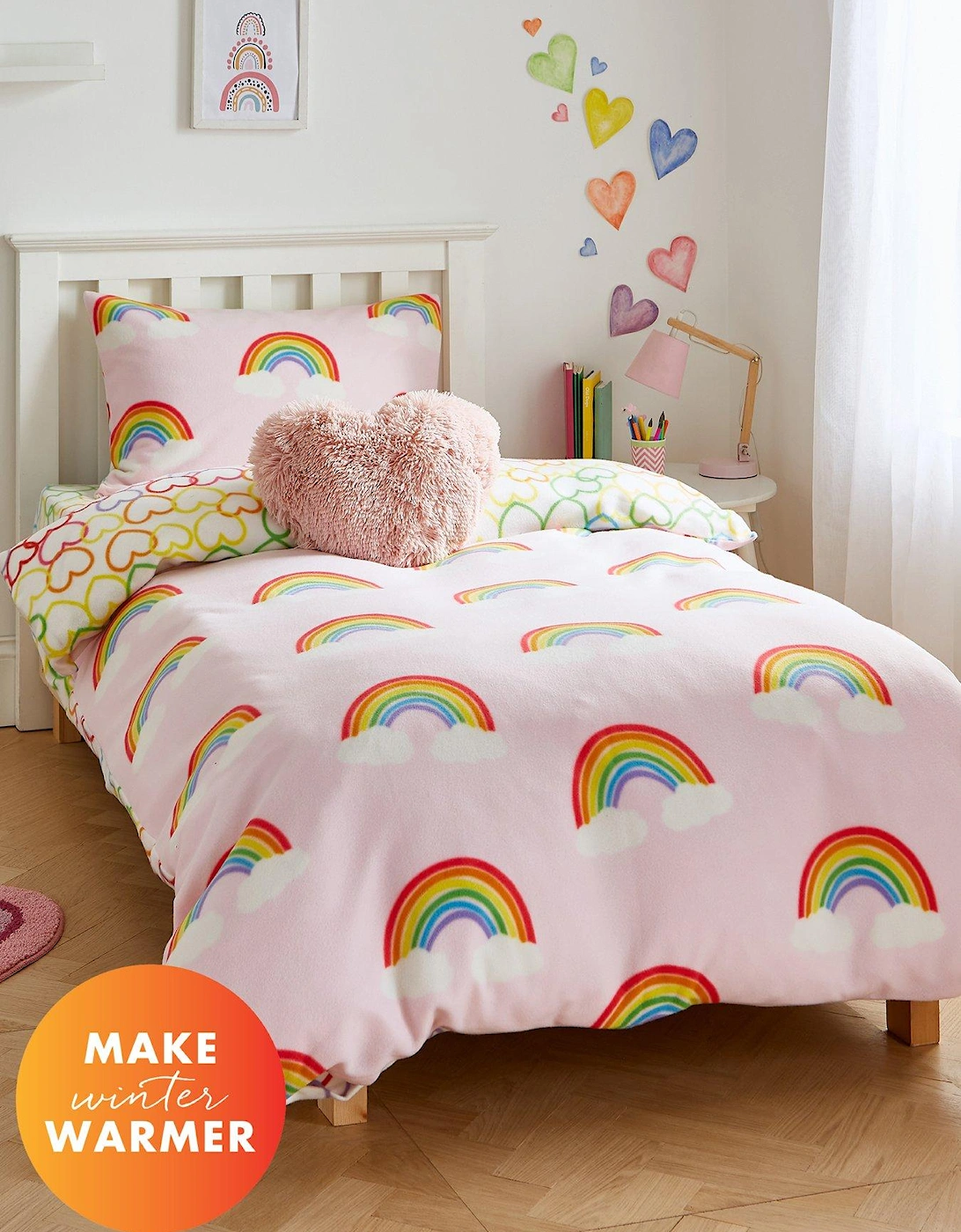 Rainbow Hearts Soft Cosy Fleece Duvet Cover Set - Pink, 3 of 2