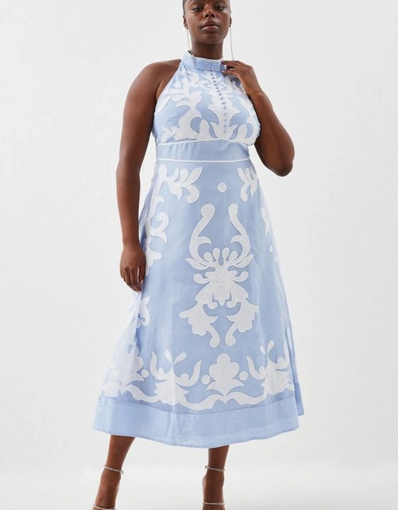 Plus Size Applique Organdie Midi Woven Dress