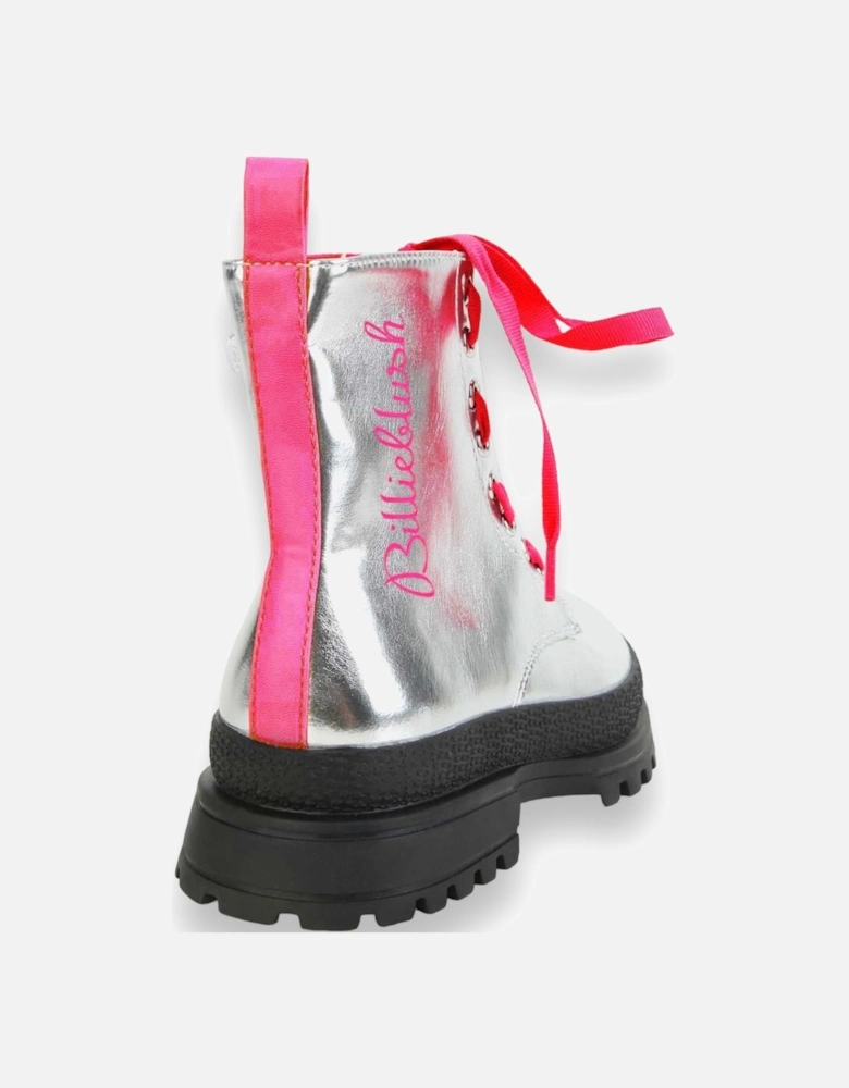 Silver and Fuchsia Lace Up Boots