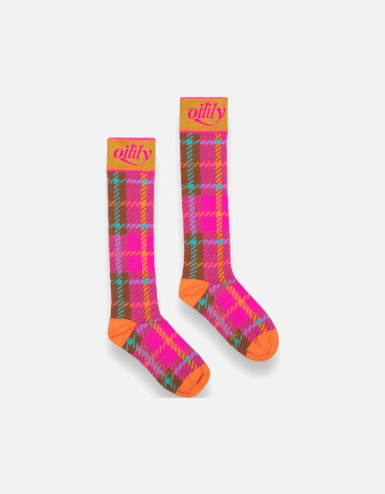 Fuchsia Check Knee Socks