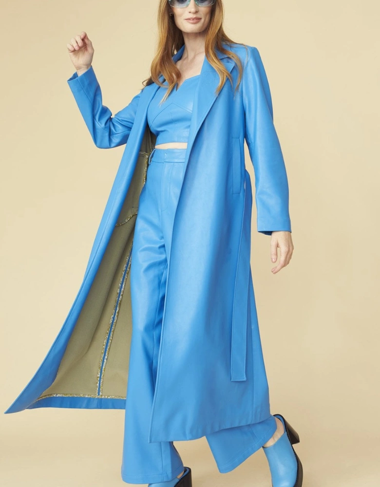 Blue Eco Leather Trench Coat