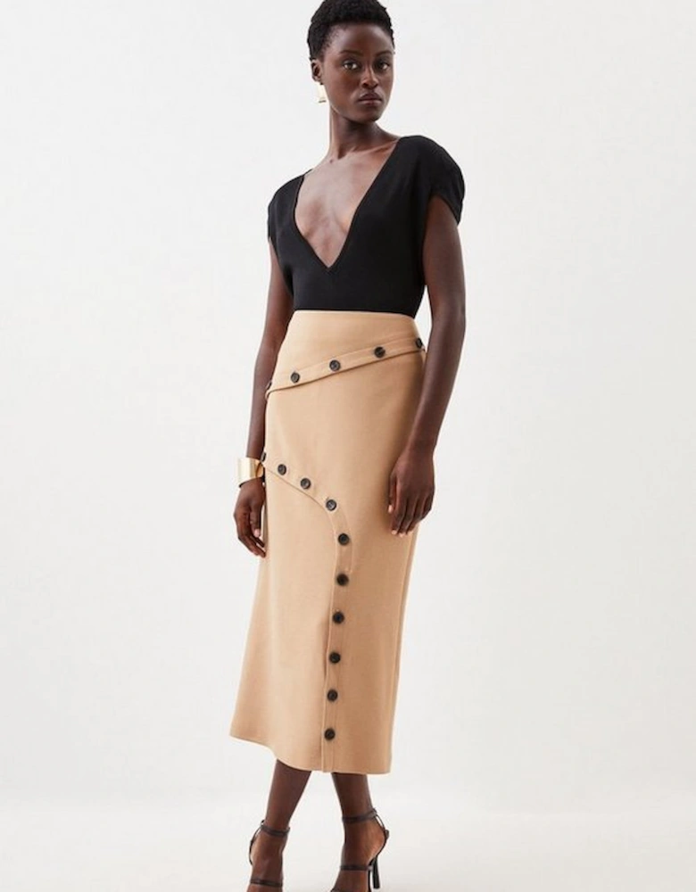 Compact Stretch Asymmetric Button Midi Skirt