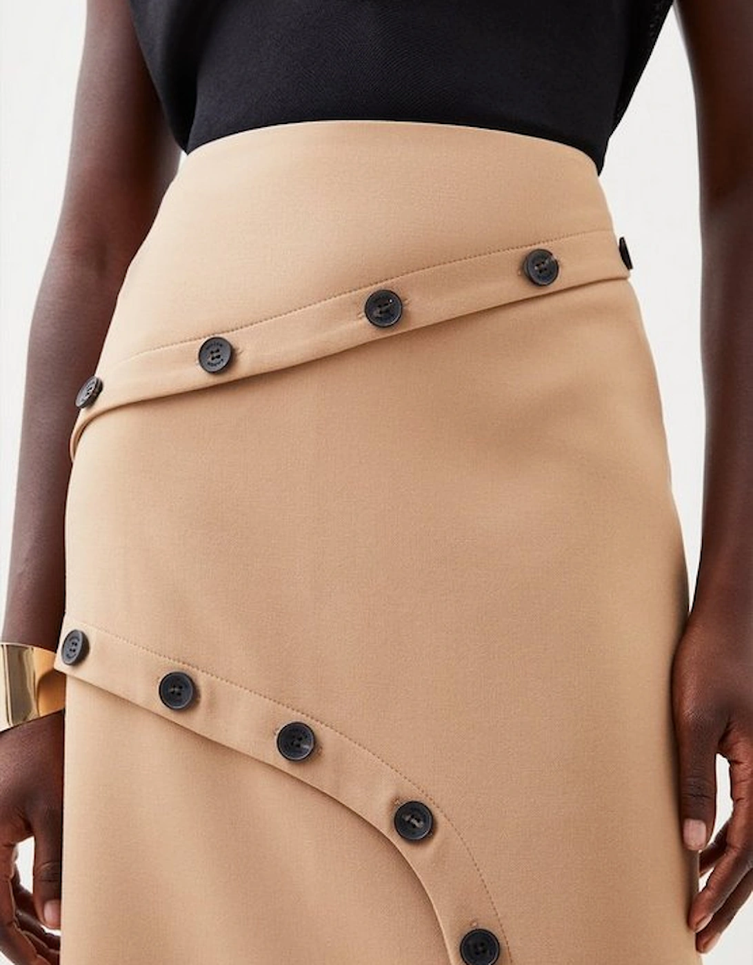 Compact Stretch Asymmetric Button Midi Skirt