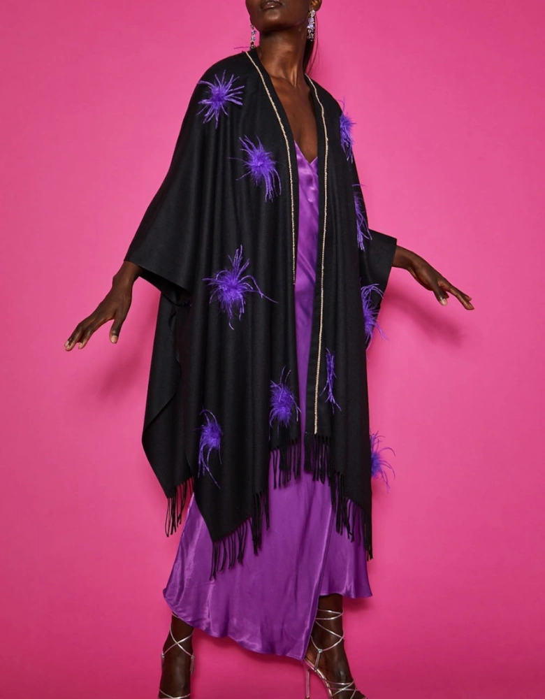 Black Cashmere Wrap with Purple Feathers