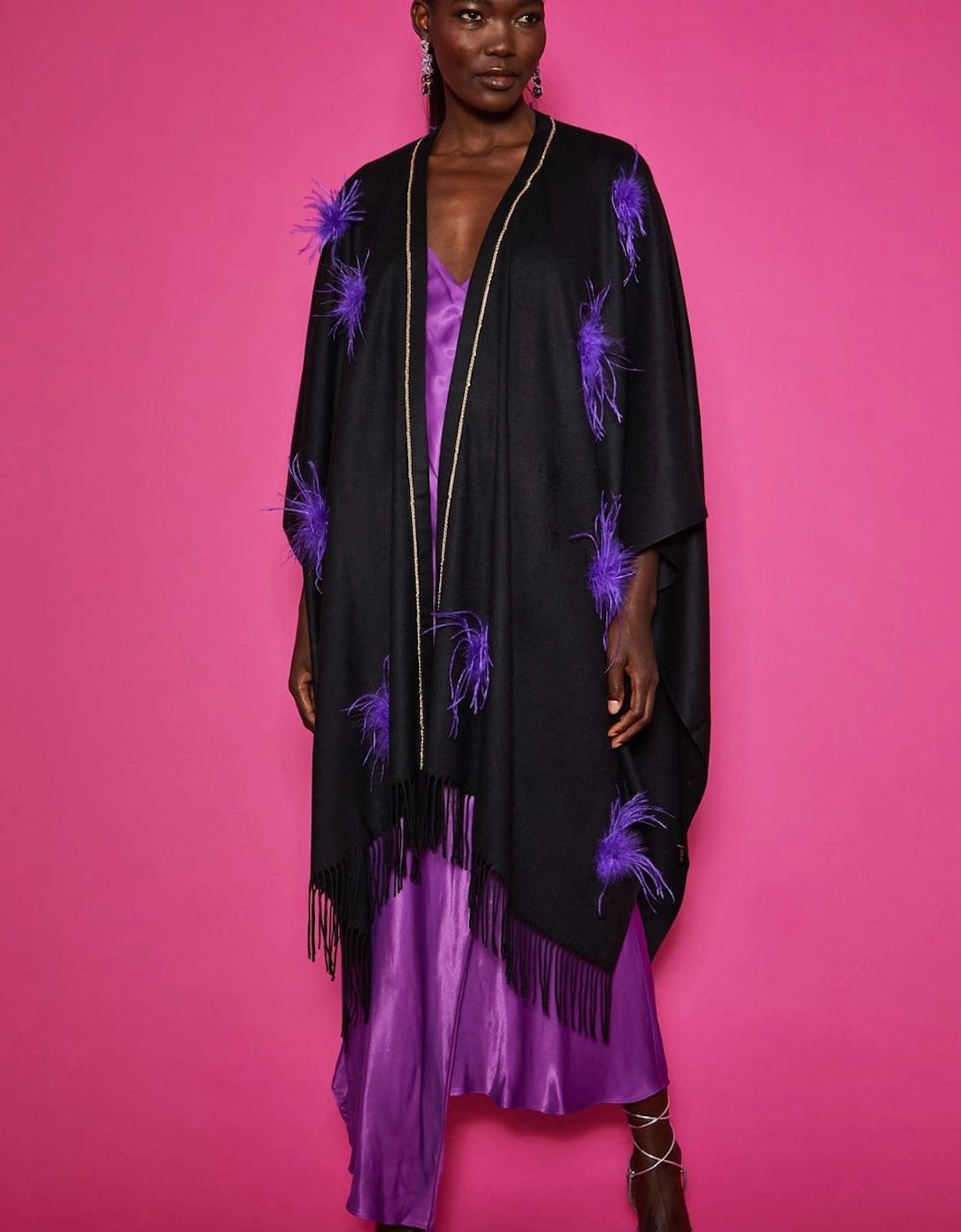 Black Cashmere Wrap with Purple Feathers