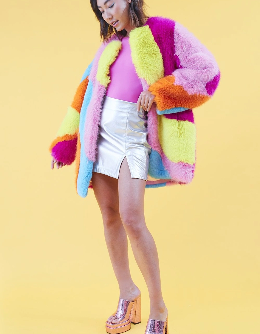 Faux Fur Multi-Coloured Rainbow Coat