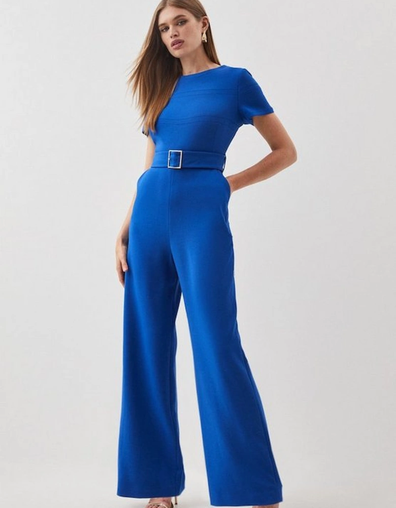 Compact Stretch Belted Wide Leg Tailored Jumpsuit