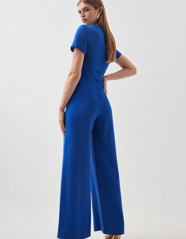 Compact Stretch Belted Wide Leg Tailored Jumpsuit