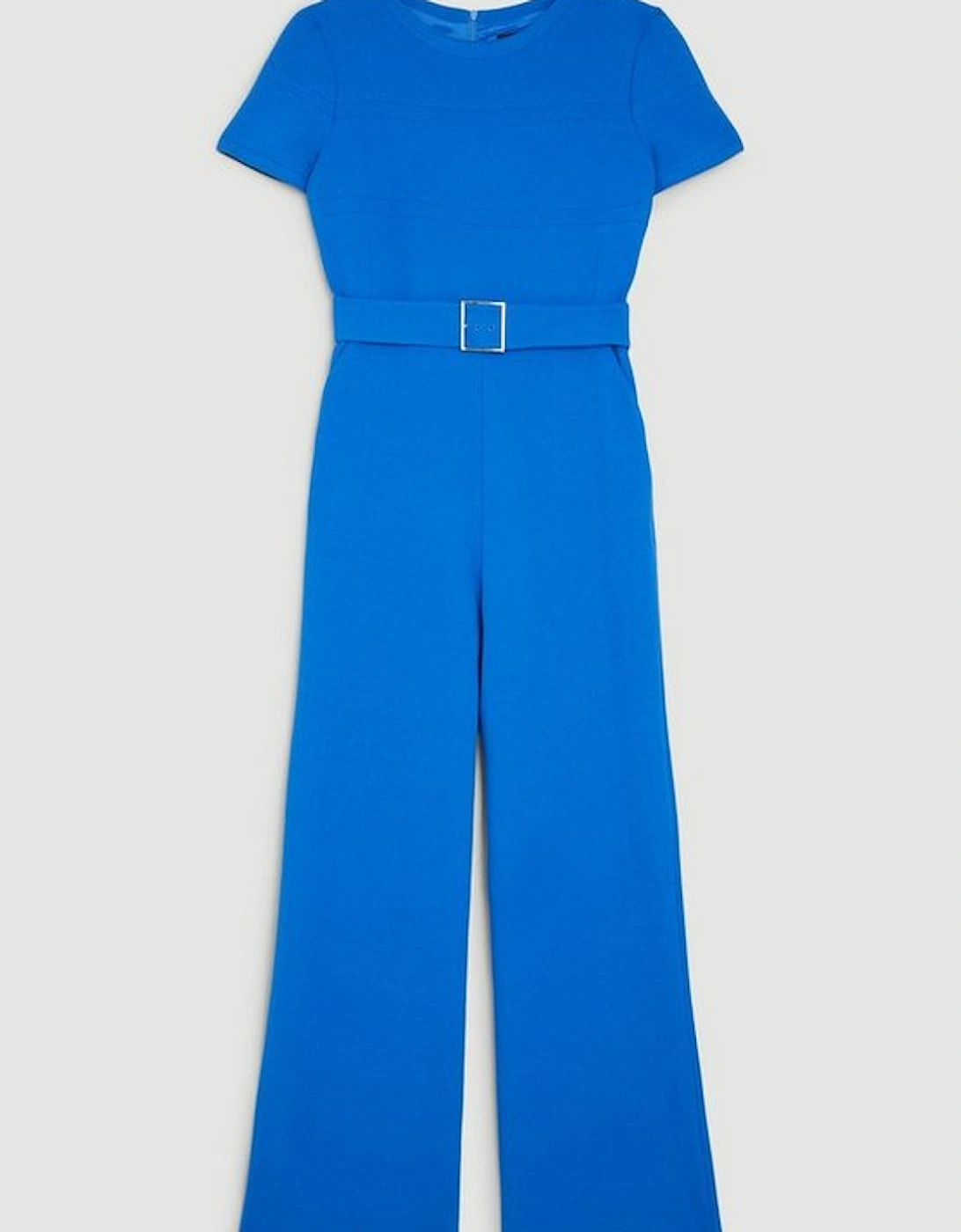 Compact Stretch Belted Wide Leg Tailored Jumpsuit