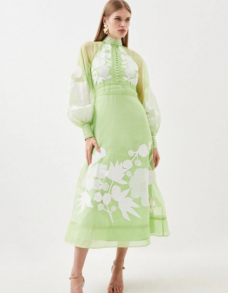 Organdie Applique Buttoned Woven Midi Dress