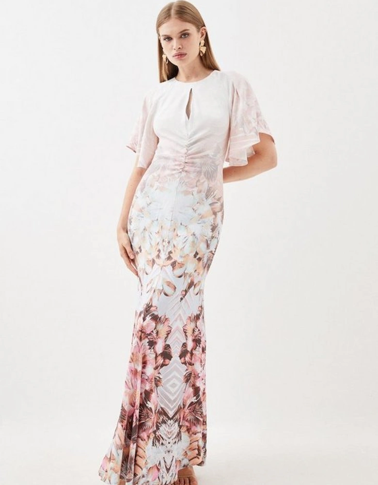 Placed Floral Ruched Angel Sleeved Woven Maxi Dress