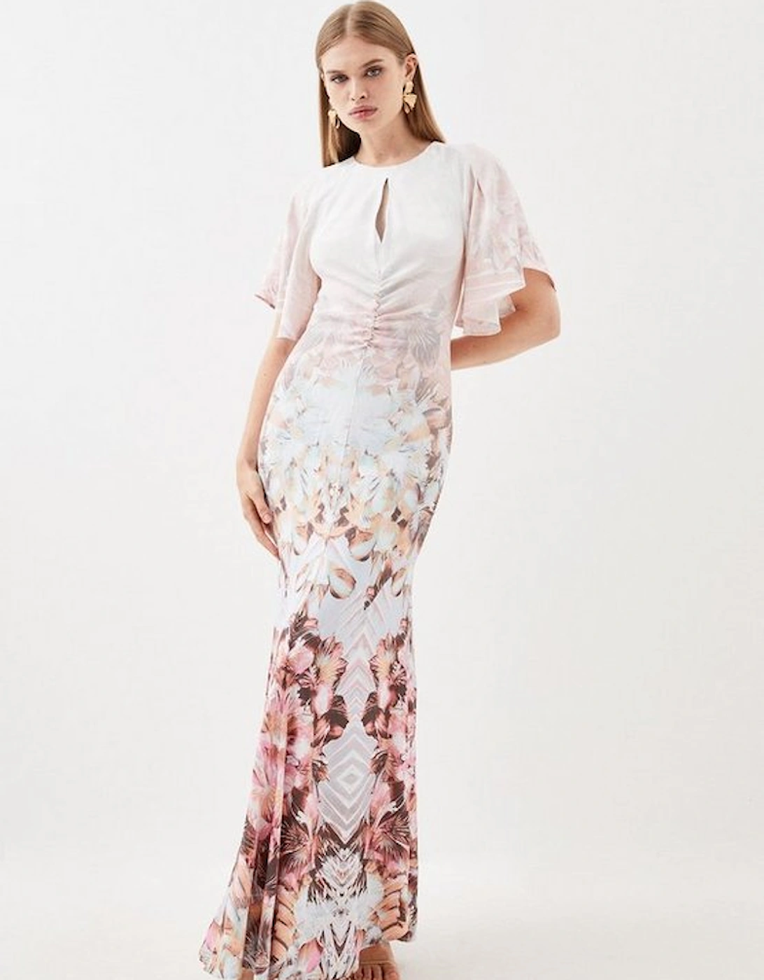 Placed Floral Ruched Angel Sleeved Woven Maxi Dress, 5 of 4