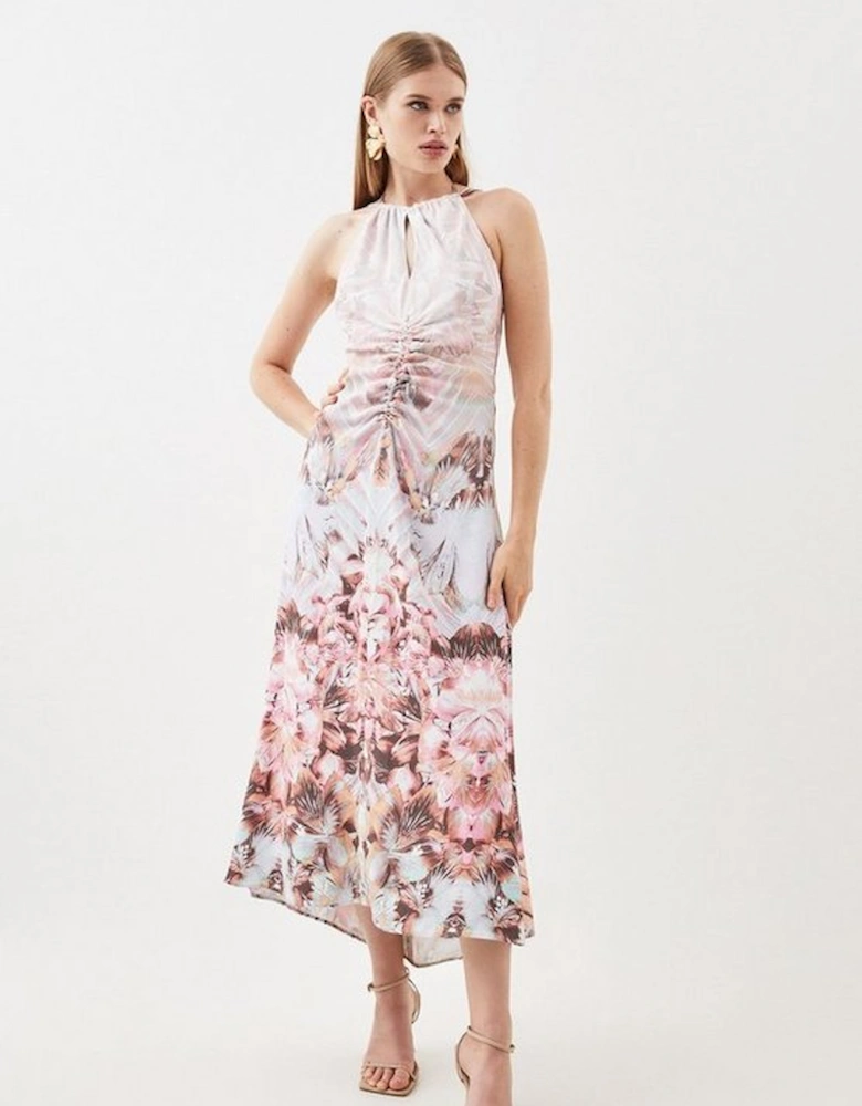 Placed Floral Ruched Waterfall Woven Maxi Dress