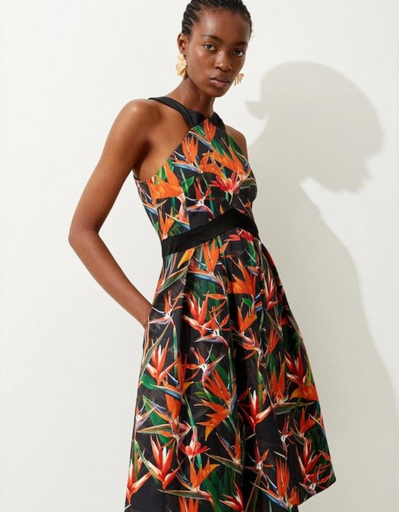 Tropical Lily Print Cotton Sateen Halter Midi Dress