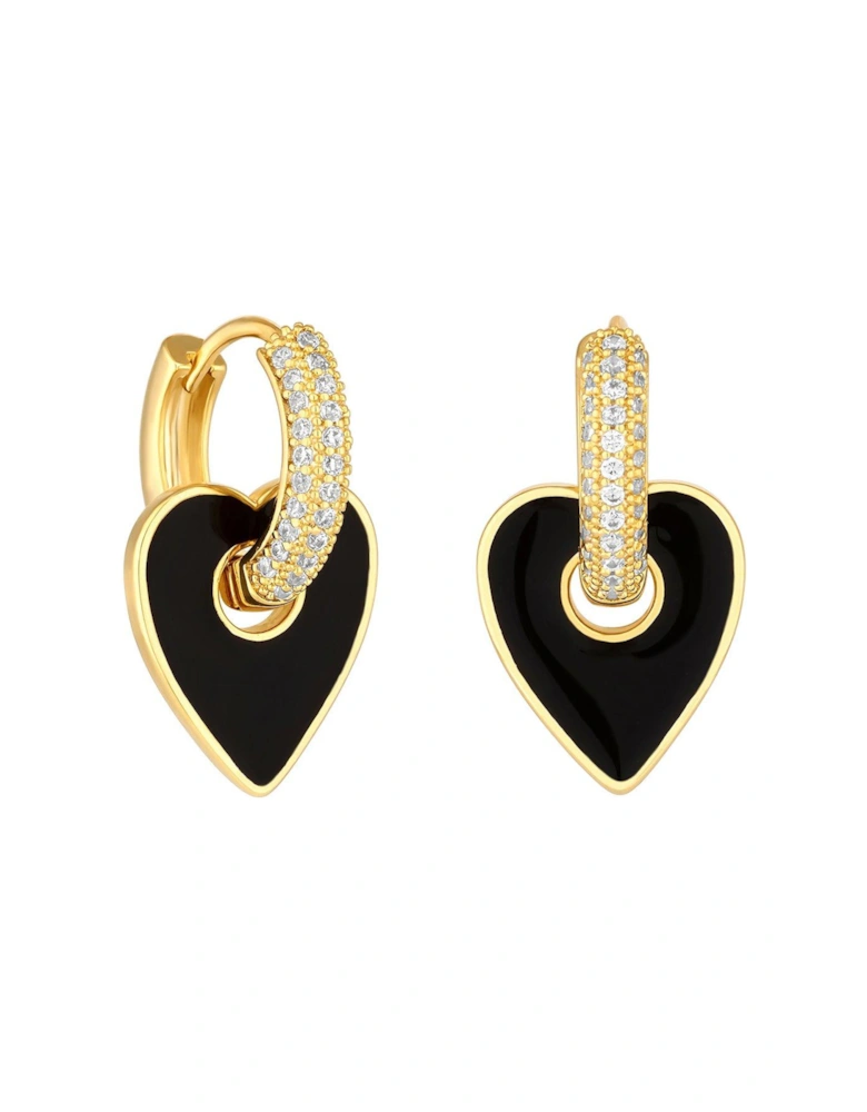 Gold Plated Cubic Zirconia And Jet Enamel Heart Earrings