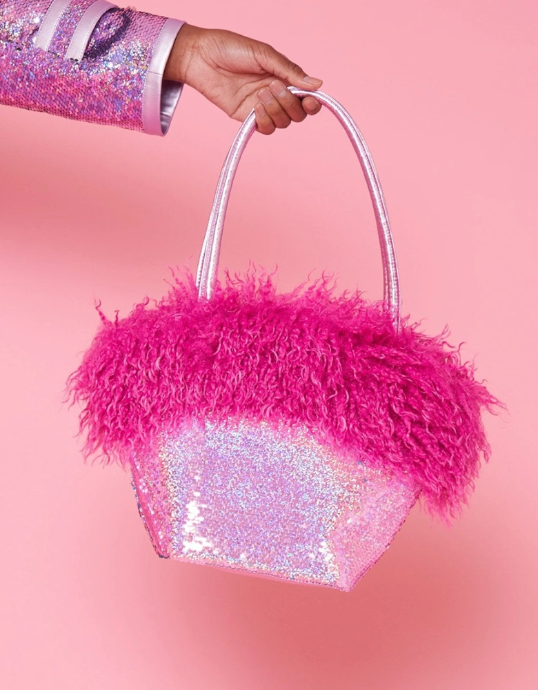 Bamboo Sequins Faux Fur Bag