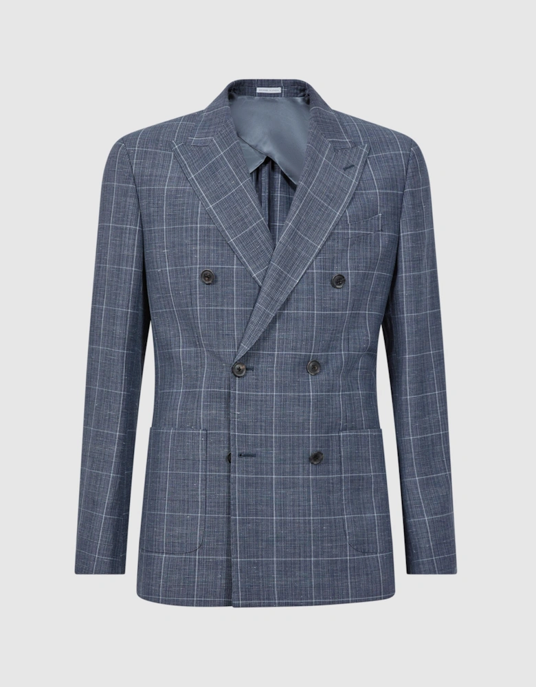 Slim Fit Wool Linen Check Double Breasted Blazer