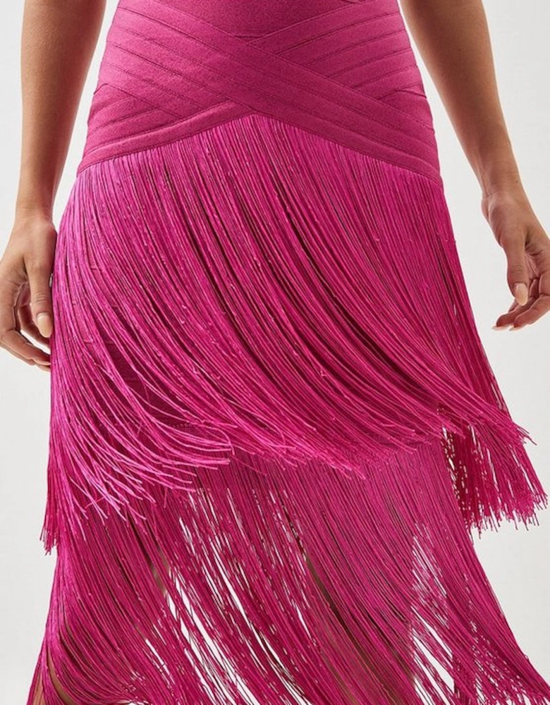 Petite Figure Form Bandage Fringe Knit Midi Dress