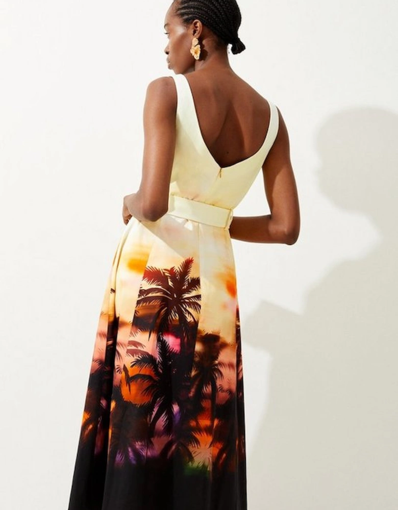 Tailored Scenic Print Sleeveless Midi Dress