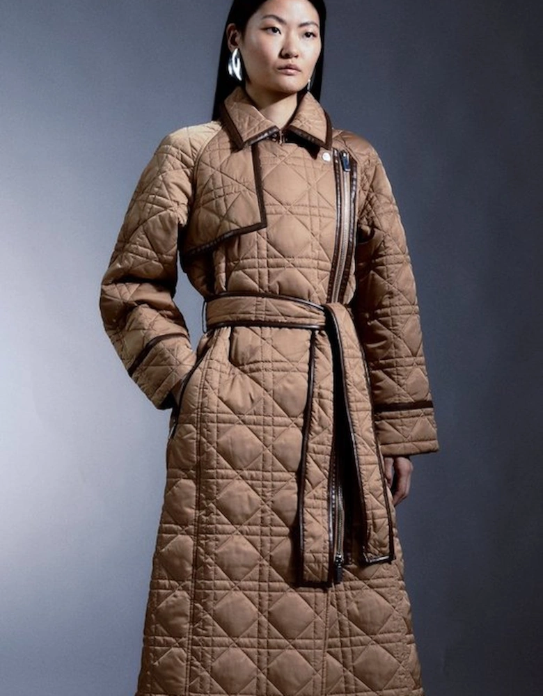 Diamond Quilt Contrast Binding Belted Trench Coat