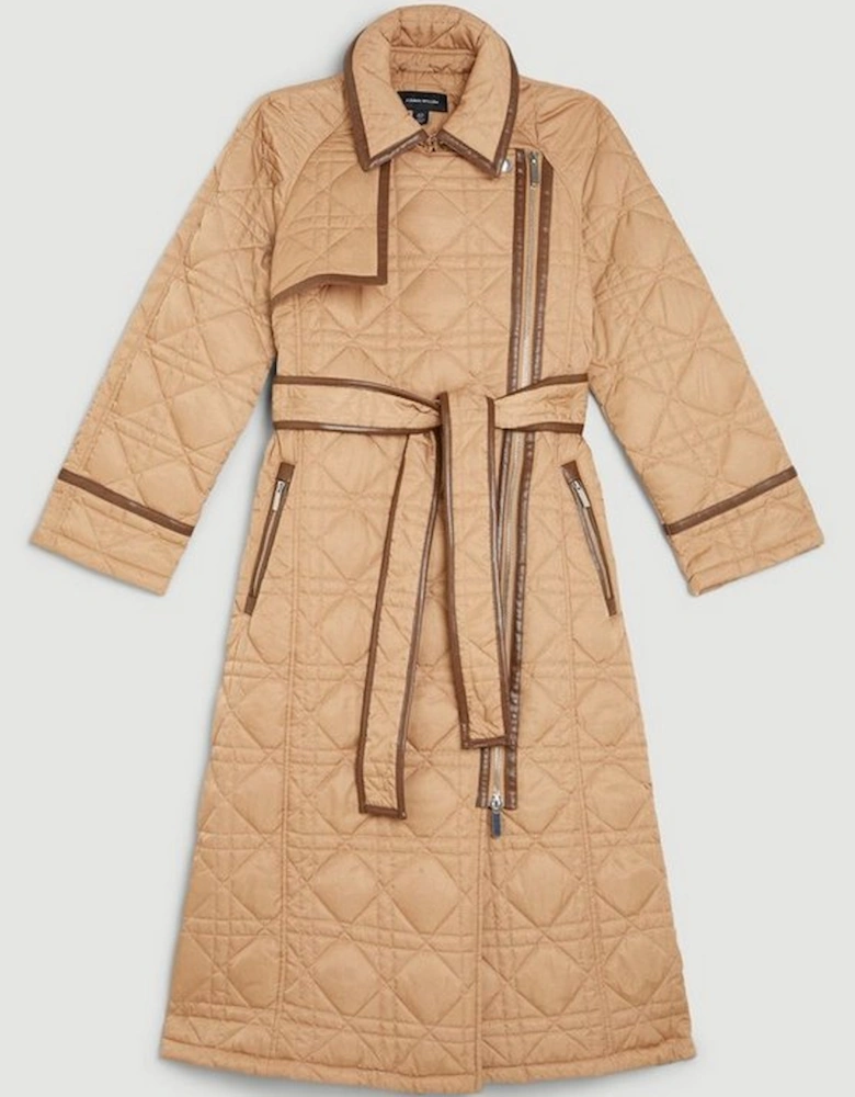 Diamond Quilt Contrast Binding Belted Trench Coat