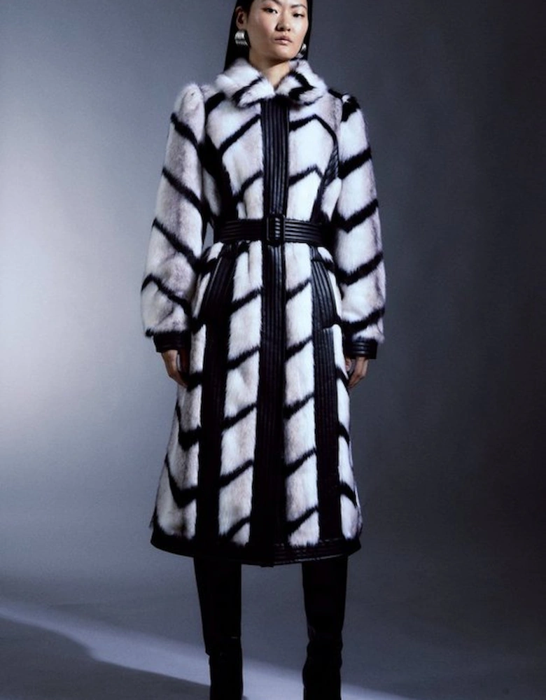 Panelled Stripe Faux Fur Pu Belted Long Coat