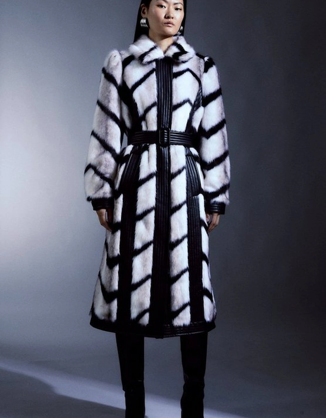 Panelled Stripe Faux Fur Pu Belted Long Coat, 5 of 4