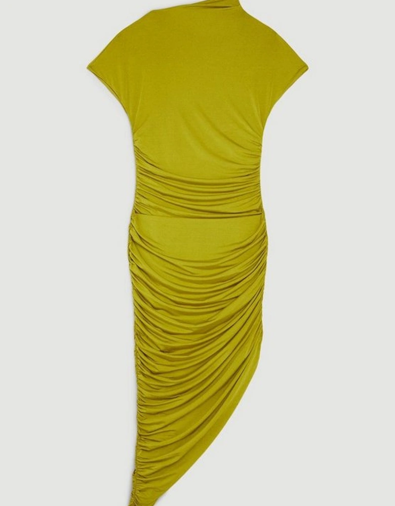 Slinky Jersey Ruched Aysmetric Midi Dress