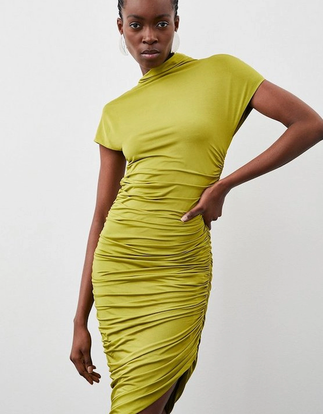 Slinky Jersey Ruched Aysmetric Midi Dress, 5 of 4
