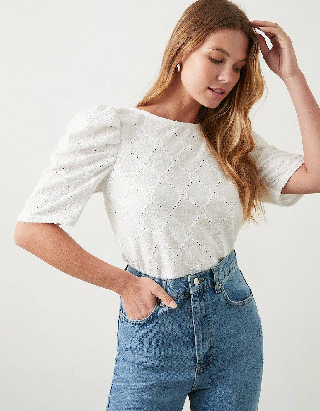 Broderie Puff Sleeve Top - White, 3 of 2