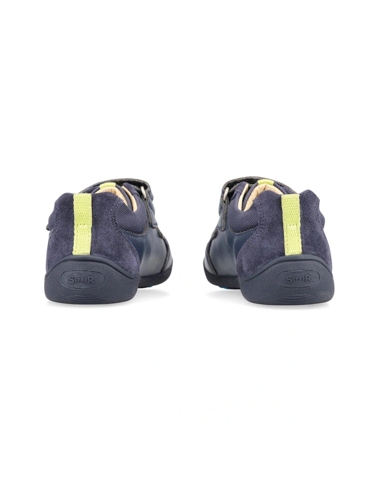 Zigzag Soft Leather Double Riptape Boys First Shoes - Navy Blue