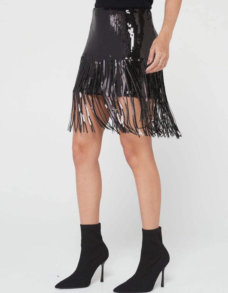 Mia High Waist Fringe Mini Sequin Skirt - Black