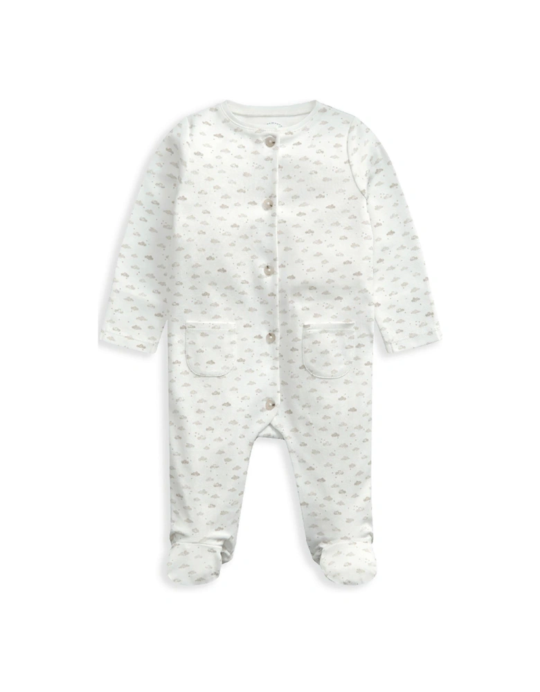 Unisex Baby Cloud Print Button Down Sleepsuit - White