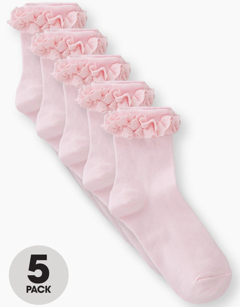 Girls Occasion Broderie Frill Socks (5 Pack) - Pink