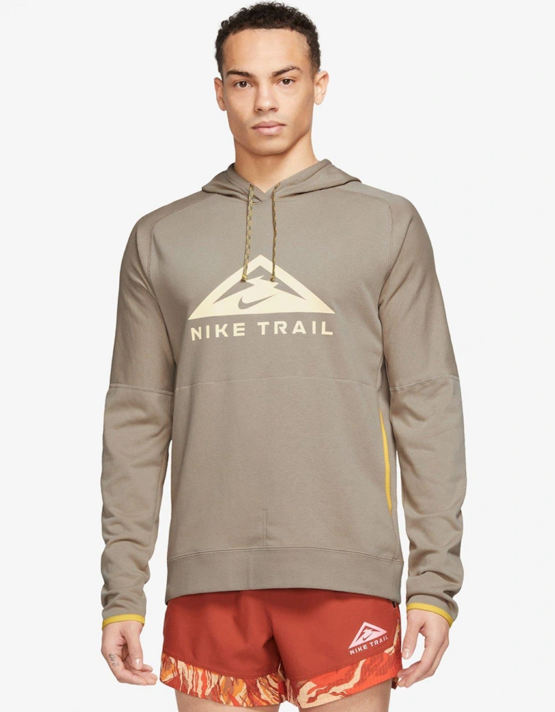 Run Trail Logo Pullover Running Hoodie - Khaki