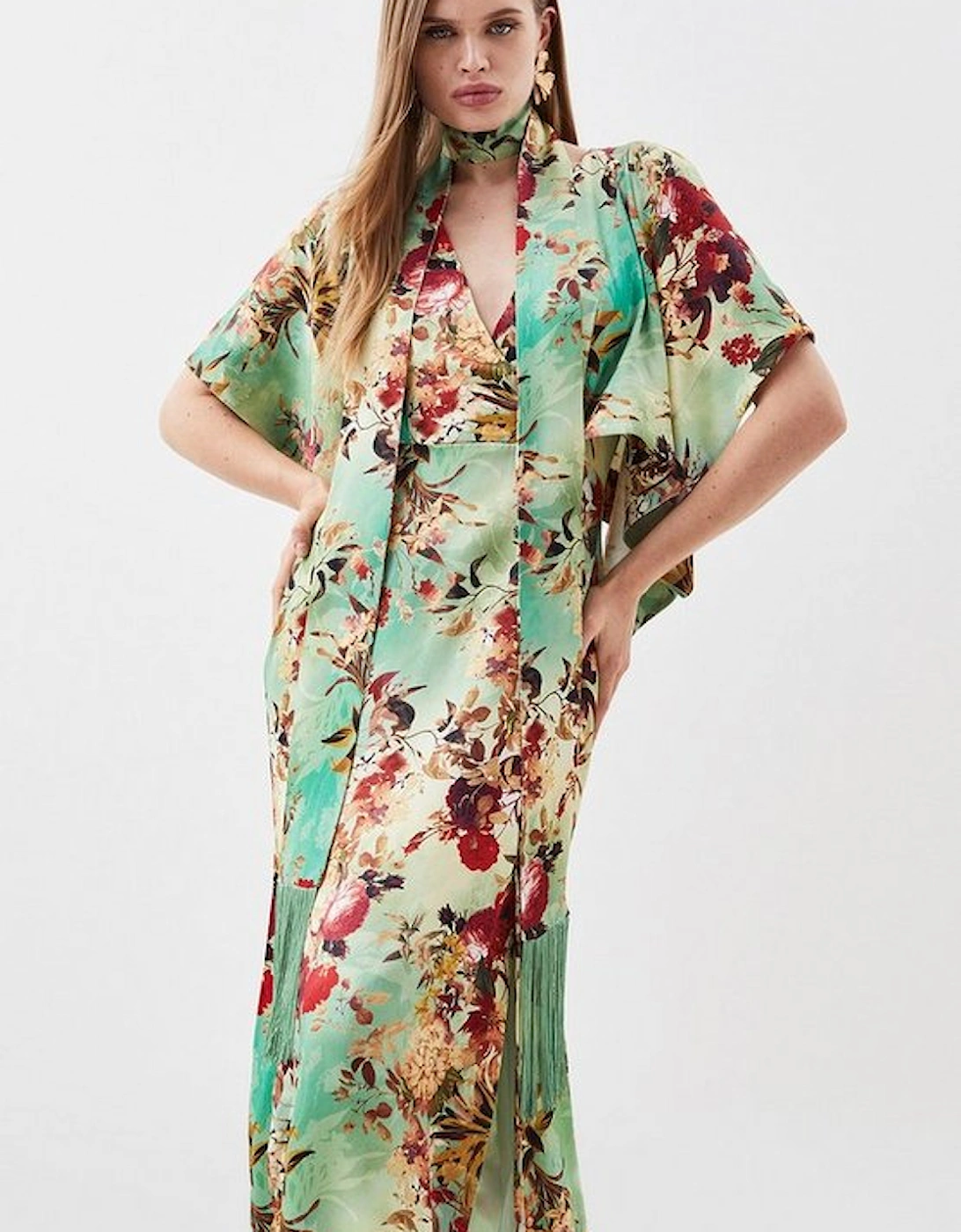 Floral Satin Crepe Tie Neck Woven Maxi Dress, 5 of 4