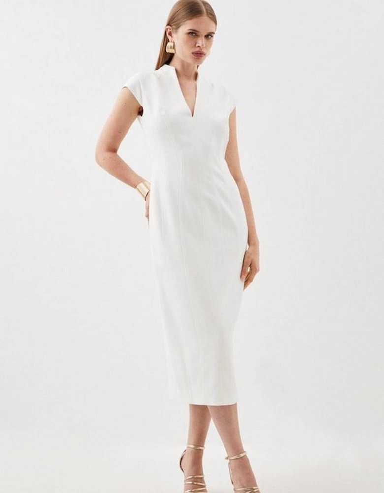 Structured Crepe Seam Detail High Neck Pencil Midi Dress