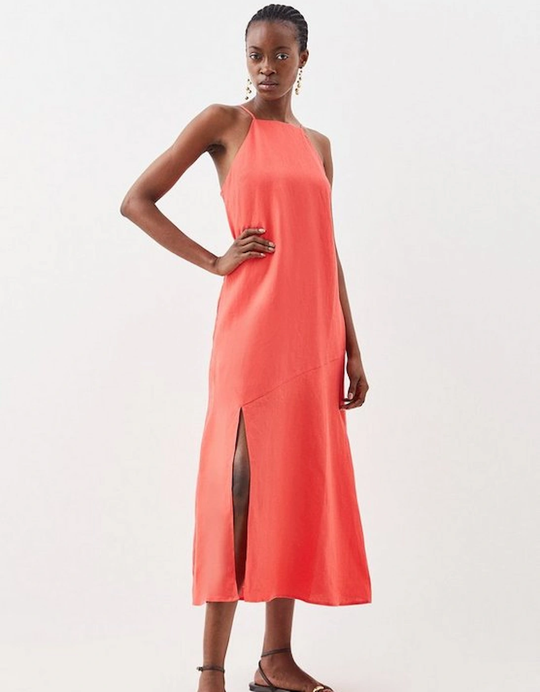 Tailored Linen Slit Detail Stappy Maxi Dress, 6 of 5