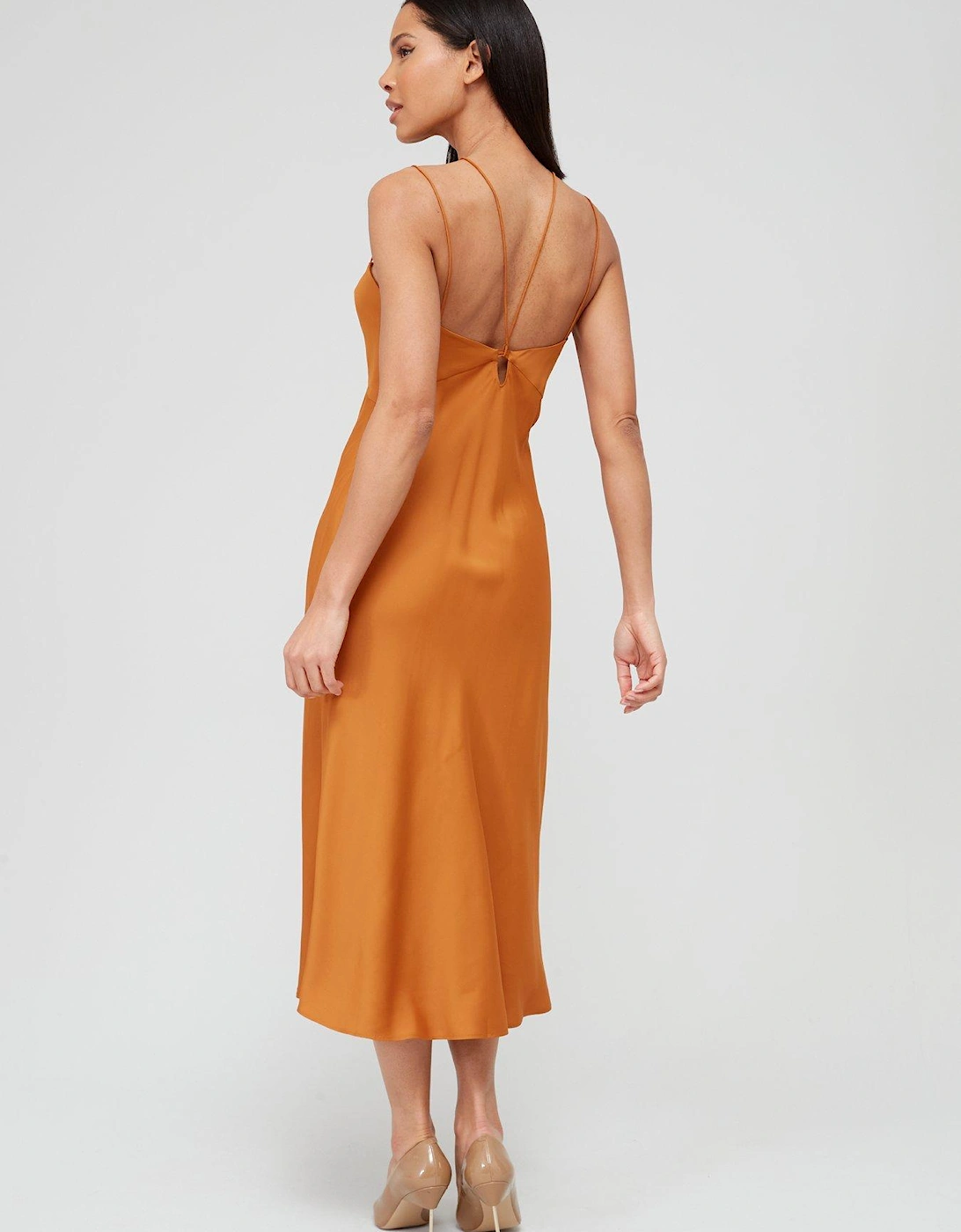 Micro Strap Twist Front Slip Dress - Brown
