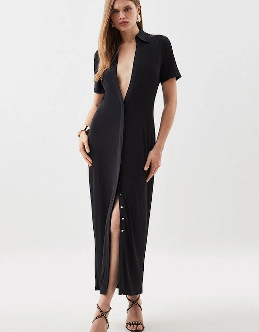 Jersey Crepe Plunge Woven Midi Dress, 5 of 4