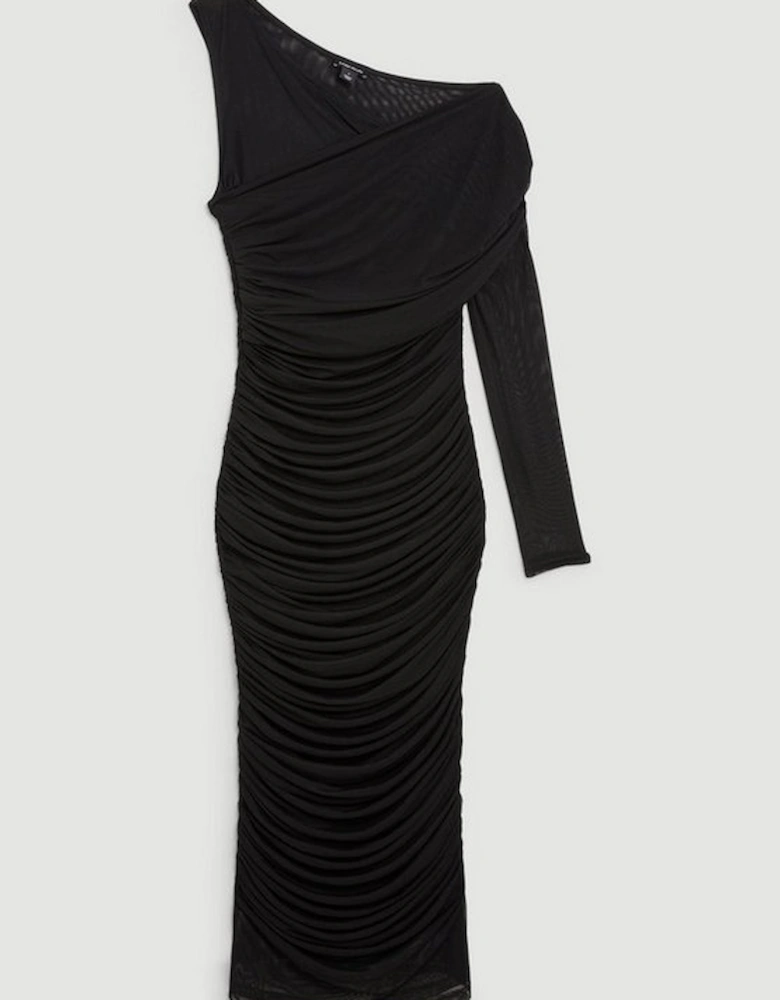 Ruched Mesh Asymetric Jersey Maxi Dress