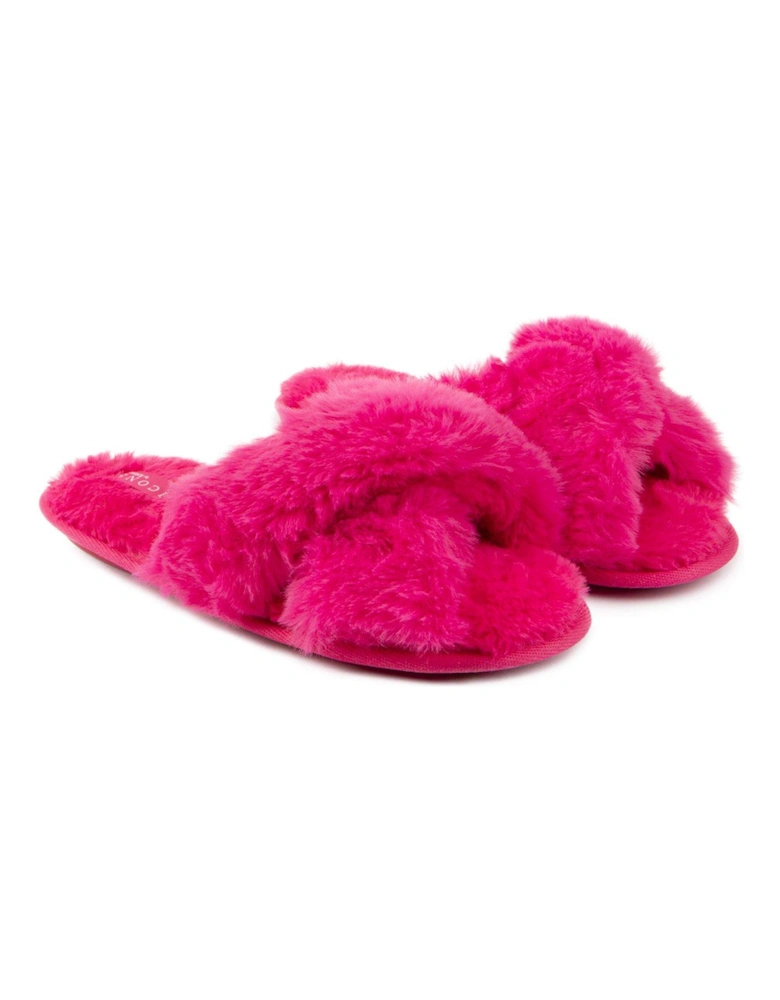 Plush Faux Fur Cross Over Slider Slippers - Pink