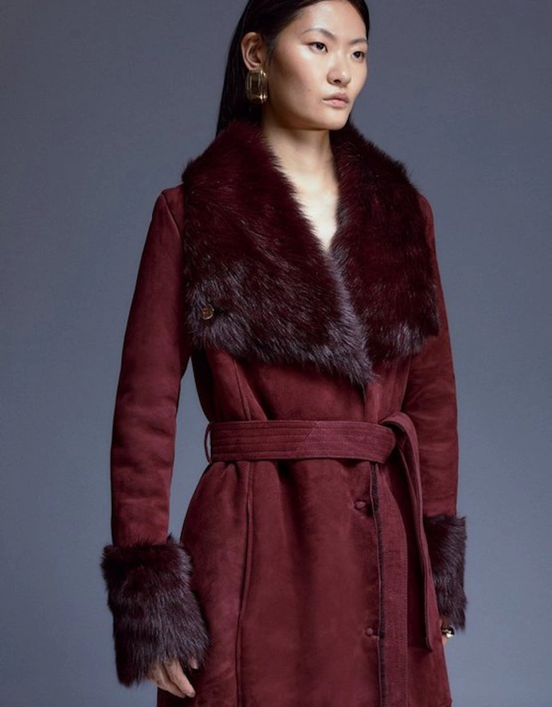 Shearling Cuff And Collar Wrap Belted Coat